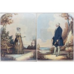 H Gilbert (British Mid-19th century): Full Length Portrait of a Wealthy Lady and Gentleman with the Solent Behind, pair watercolours signed and dated 1843, in matching rosewood frames 34cm x 26cm (2)