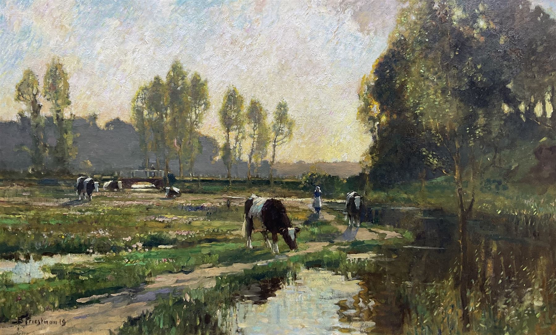 Bertram Priestman RA ROI NEAC (British 1868-1951): Cattle and Country Girls by the Riverside, oil on canvas signed and dated '19, 82cm x 135cm