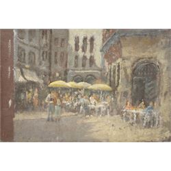 William Burns (Northern British 1923-2010): 'The Street Cafe', oil on canvas signed, titled verso 26cm x 38cm (unframed) Provenance: Direct from the family of the artist. 
Notes: Born in Sheffield in 1923, William Burns RIBA FSAI FRSA studied at the Sheffield College of Art before the outbreak of the Second World War, during which he helped illustrate the official War Diaries for the North Africa Campaign, and was elected a member of the Armed Forces Art Society. On his return, he studied architecture at Sheffield University and later ran his own successful practice, being a member of the Royal Institute of British Architects. However, painting had always been his self-confessed 'first love', and in the 1970s he gave up architecture to become a full-time artist, having his first one-man exhibition in 1979.