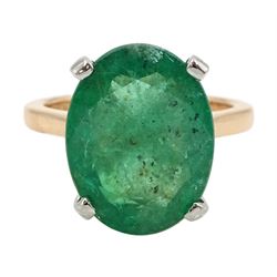 18ct rose gold and platinum single stone oval cut emerald ring, hallmarked, emerald approx 6.60 carat