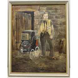 Lewis Creighton (British 1918-1996): The Postman, oil on board signed 50cm x 40cm; Thomas Leslie Kerkham (British 1918-1986): Cottage Landscape, oil on board signed 49cm x 40cm (2)