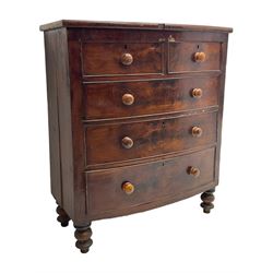 Victorian mahogany bow-front chest, fitted with two short and three long drawers, on turned feet