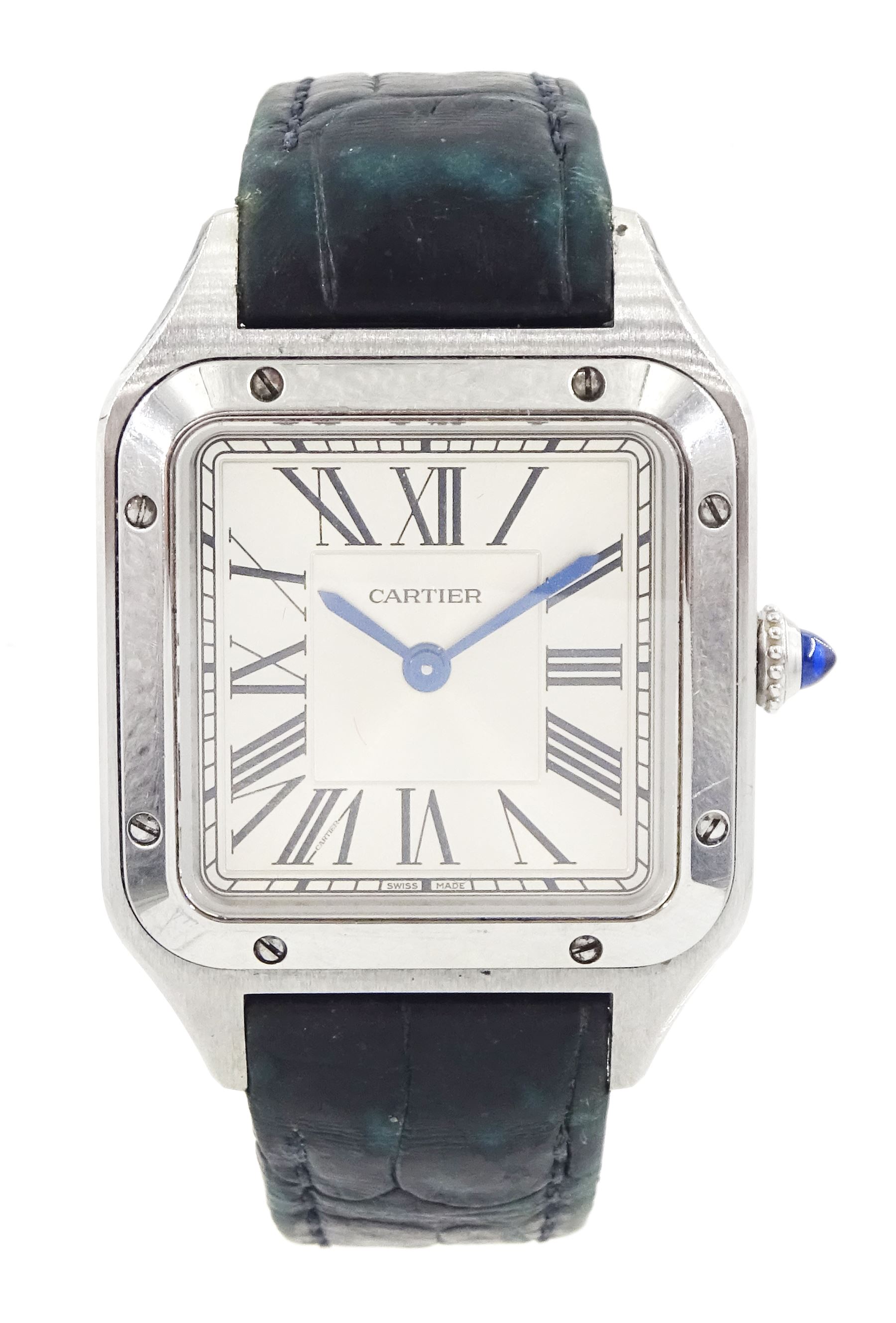 Cartier Santos Dumont ladies stainless steel quartz wristwatch, Ref. 4242, serial No. 266552BX, silvered dial with Roman numeral hour markers and secret signature at 7, on original leather strap with Cartier buckle