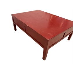 Chinese design red lacquered coffee table, rectangular form on square tapering supports, fitted with two drawers 