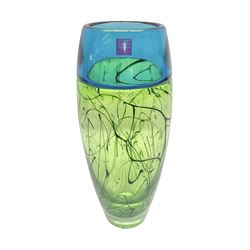 Stuart Akroyd glass vase, blue banded top and lime green lower section with free flowing line decoration, with sticker and engraved signature beneath, H29.5cm