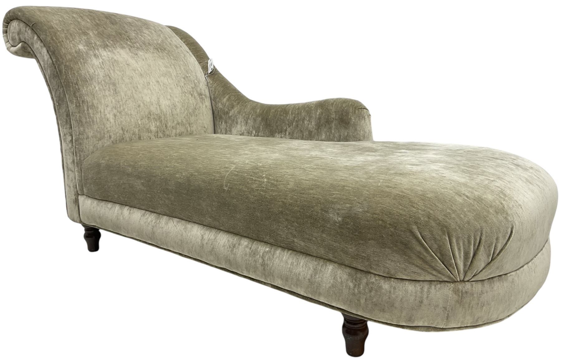 Contemporary chaise longue with scrolled back, upholstered in champagne crushed velvet, on turned feet