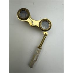 Pair of brass and mother of pearl opera glasses, together with a gilt metal pair of racing binoculars and one other pair, etc 