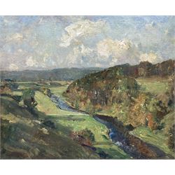 Reginald Grange Brundrit RA ROI (British 1883-1960): Aerial View of the River Wharfe, oil on canvas signed, Royal Academy label verso 49cm x 59cm 