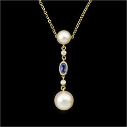 14ct gold pearl, diamond and sapphire pendant necklace, two cultured pink / white pearls s...