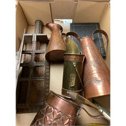 Large collection of metalware, including copper jugs, copper pan etc, in two boxes  