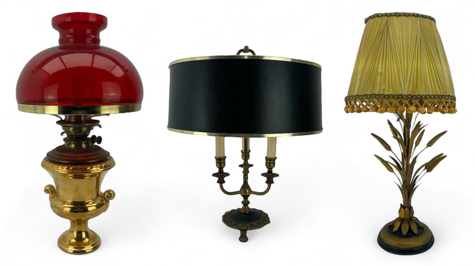 Italian mid century wheatsheaf design gilt and lacquer table lamp, on circular base with shade, H74cm overall, a three branch table lamp modelled as a candelabra, and one other table lamp (3)