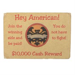 Vietnam War. North Vietnamese propaganda money card 'Hey American! $10,000 Cash Reward!', H6cm, L9cm