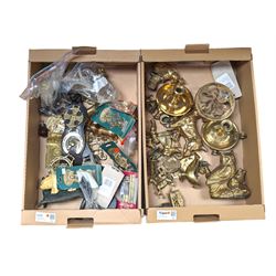 Collection of brassware, including animal figures, chamber sticks, Waterloo ashtray, FAL Bugatti Tip, door handles, door locks and other metalware