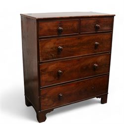 19th century mahogany chest, rectangular moulded top, fitted with two short over three long graduating cock-beaded drawers, on bracket feet