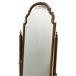 Georgian design walnut cheval dressing mirror, shaped and stepped arch top, tapered supports with finials, on shaped splayed supports 