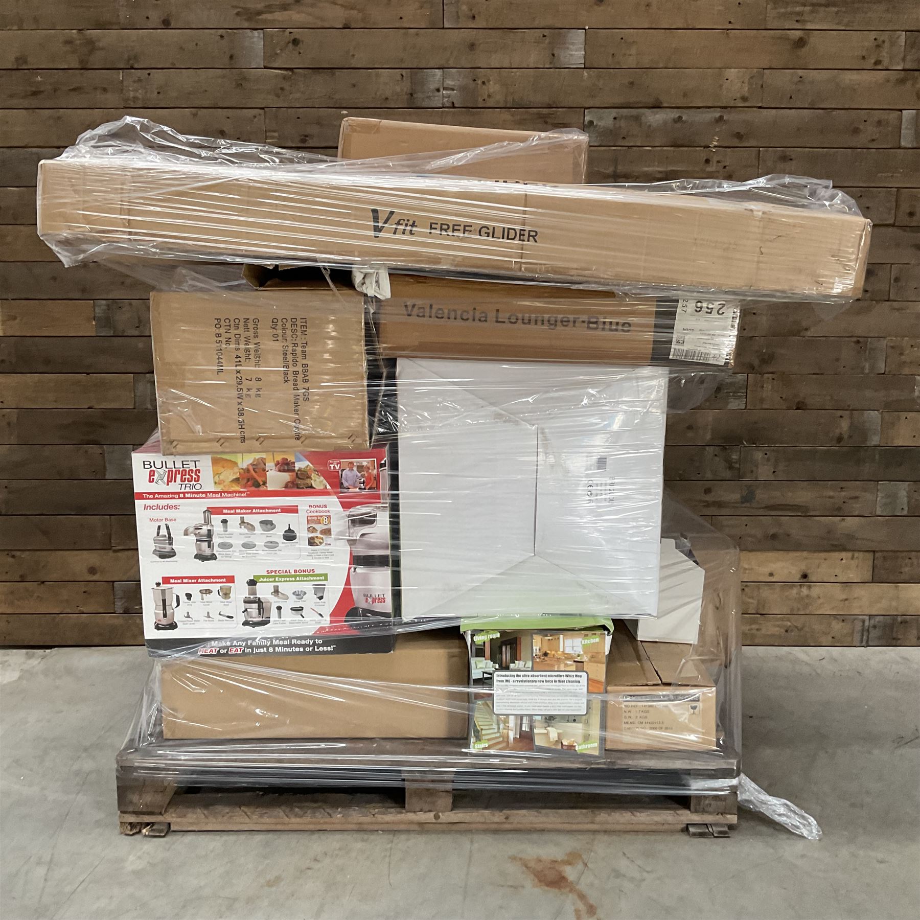 Four pallets of domestic goods to include, cleaning equipment, vacuums, exercise equipment, cooking items, Brother printer, garden loungers, irons and more… approx. 60 items