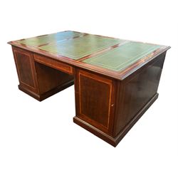 Georgian design inlaid mahogany partner's desk, with gilt-tooled green leather writing sur...