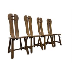 Attributed to De Puydt - set of four mid-century Brutalist oak dining chairs, twin slat back united by pegs, on square tapering supports united by H-stretcher 