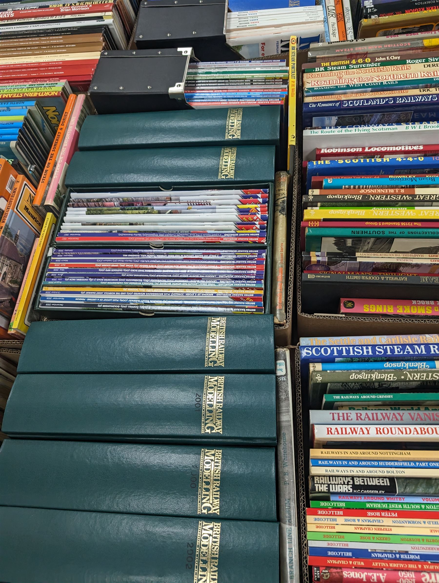 Large collection of model railway magazines in binders mainly Railway Modeller, together with Railwayana reference books, in nineteen boxes 