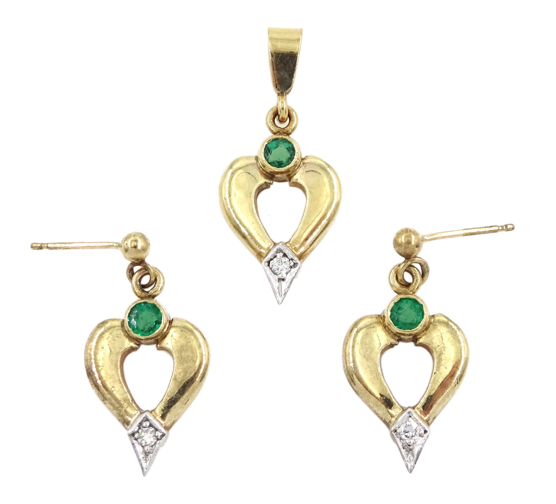 9ct gold diamond and green stone set pendant stud earrings and matching pendant, all hallmarked 9ct