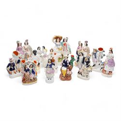 Victorian and later Staffordshire flatbacks, spill vases and figures including 'Gipsy Boy'...