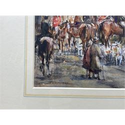 Rowland Henry Hill (Staithes Group 1873-1952): 'Goathland Hounds at Lythe', watercolour and gouache signed and dated 1937, original title label verso 26cm x 36cm