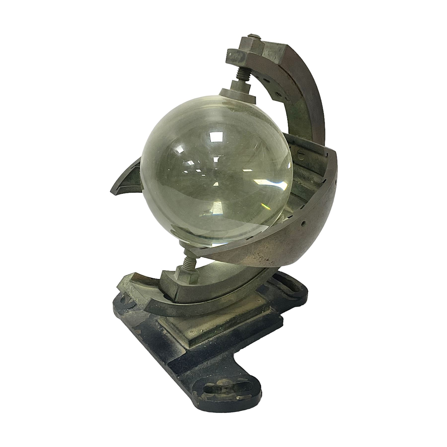 Sunshine recorder by Casella London, No 5997, a glass sphere mounted into a curved brass plate, H22cm