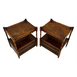 Wade - pair of Georgian design yew wood bedside or lamp tables, each with raised tray top over single shelf, the lower section fitted with two drawers with brass ring handles, raised on turned supports