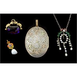 Gold white sapphire and enamel floral design pendant, suspending a single pearl, Victorian silver presentation locket, with applied gold floral decoration, 9ct gold amethyst fob pendant, Sheffield 1998 and a silver pearl and enamel laurel wreath and bow pendant necklace