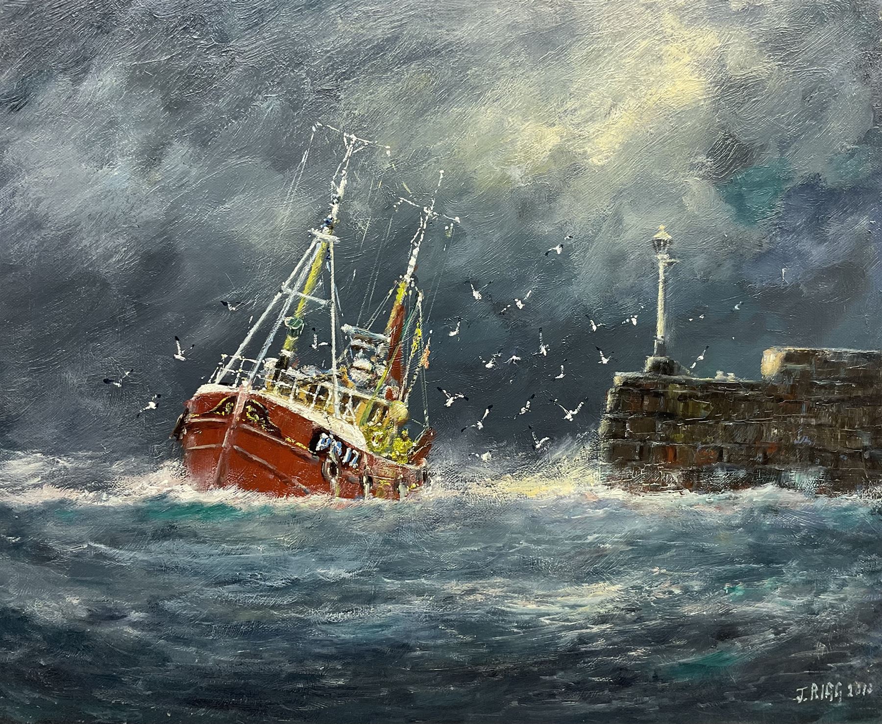 Jack Rigg (British 1927-2023): 'Rough Homecoming', oil on canvas signed and dated 2013, titled verso 46cm x 56cm (unframed)