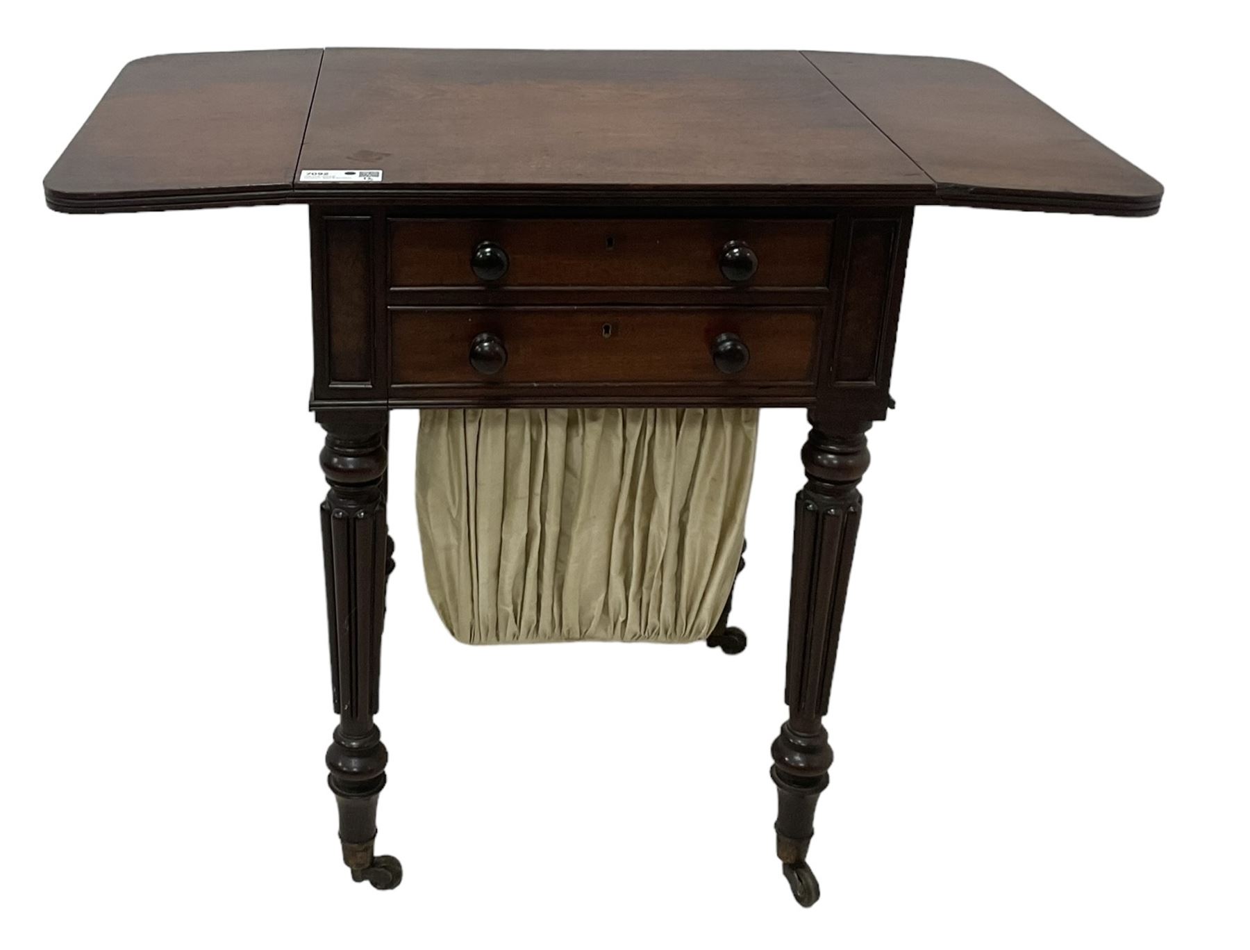 19th century mahogany drop-leaf work table, rectangular top with rounded corners, fitted with two cock-beaded drawers over pleated silk storage well, with matching opposing faux drawers, on turned and lobe moulded supports on castors