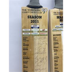 Two signed Yorkshire County cricket bats, from 2011 and 2012 seasons, bearing signatures including Adil Rashid, Andrew Gale, Ryan Sidebottom, Gary Ballance etc