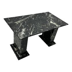 Marble hall table with orthoceras and goniatite inclusions, the rectangular top upon two rectangular stepped plinths, H78cm, L135cm, D77cm