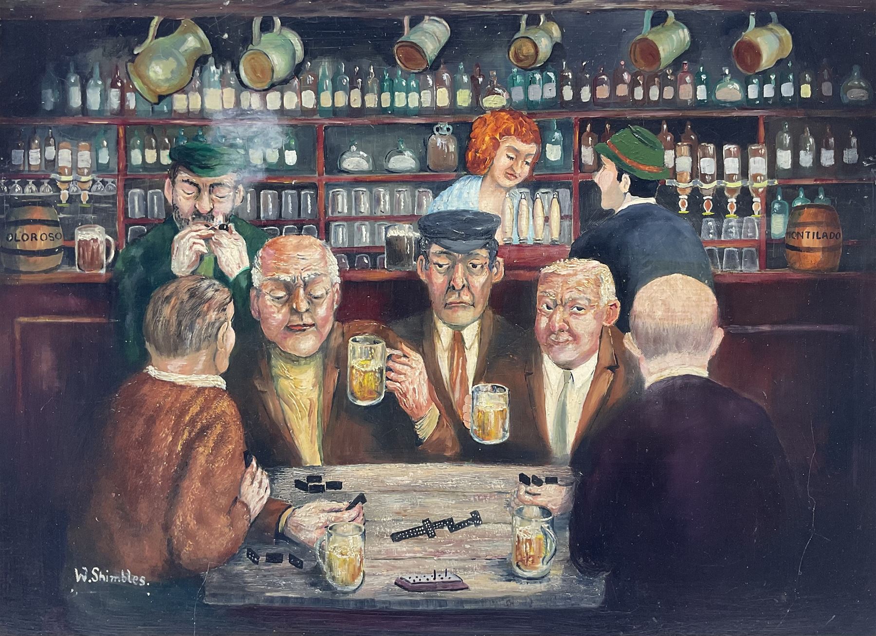 Walter E Shimbles (British 20th century): 'The Four Hand at Dominoes' - In the Pub, oil on board signed, titled on label verso with artist's Bradford address 37cm x 50cm; 'Artist and Model', oil on board signed, titled on partial label verso 40cm x 50cm; 'The Disputed Wager', oil on board signed, titled on label verso 50cm x 39cm (3)