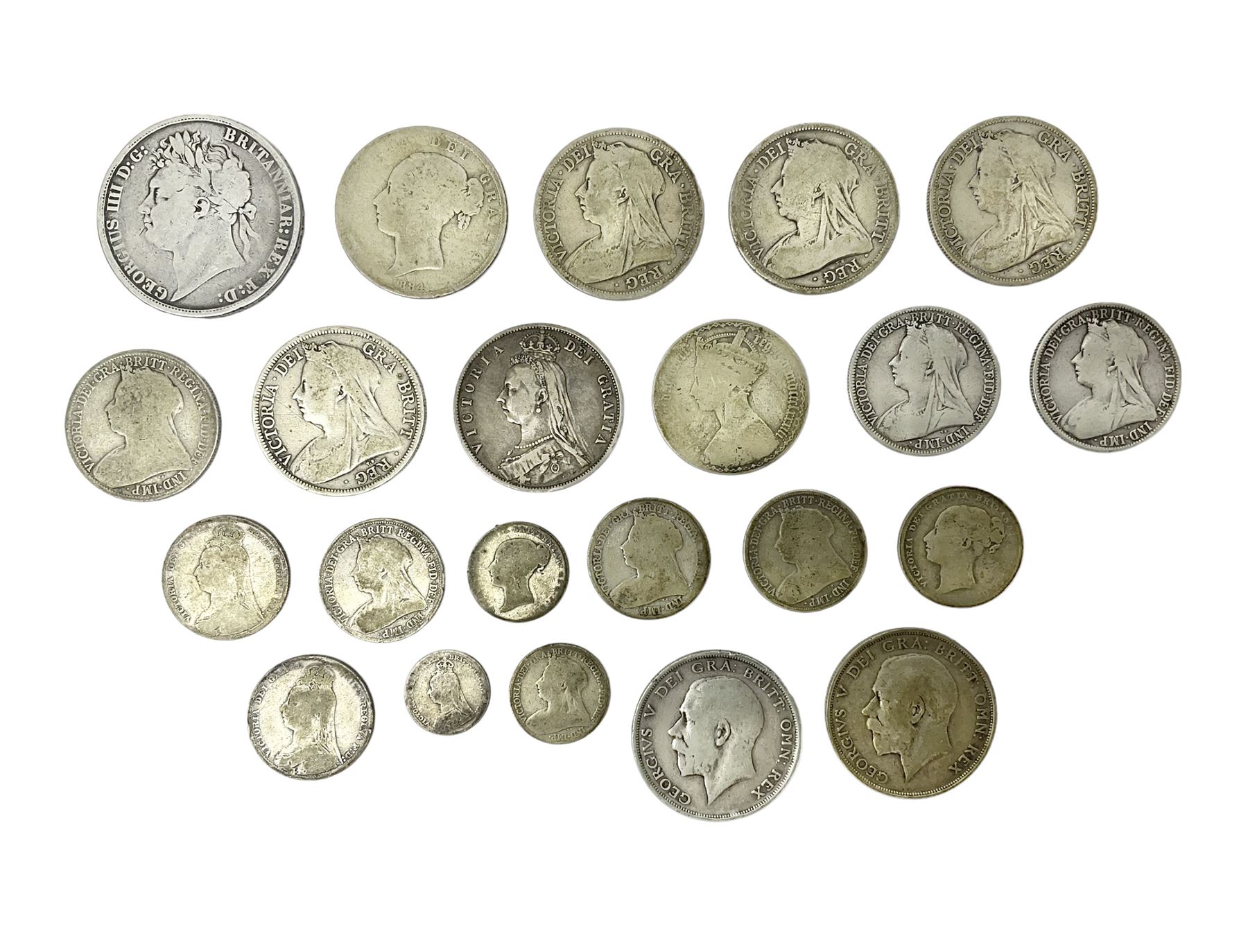 Approximately 210 grams of Great British pre 1920 silver coins, including George IIII 1822 crown, Queen Victoria 1884, 1888, 1894, 1897 and two 1902 halfcrowns etc