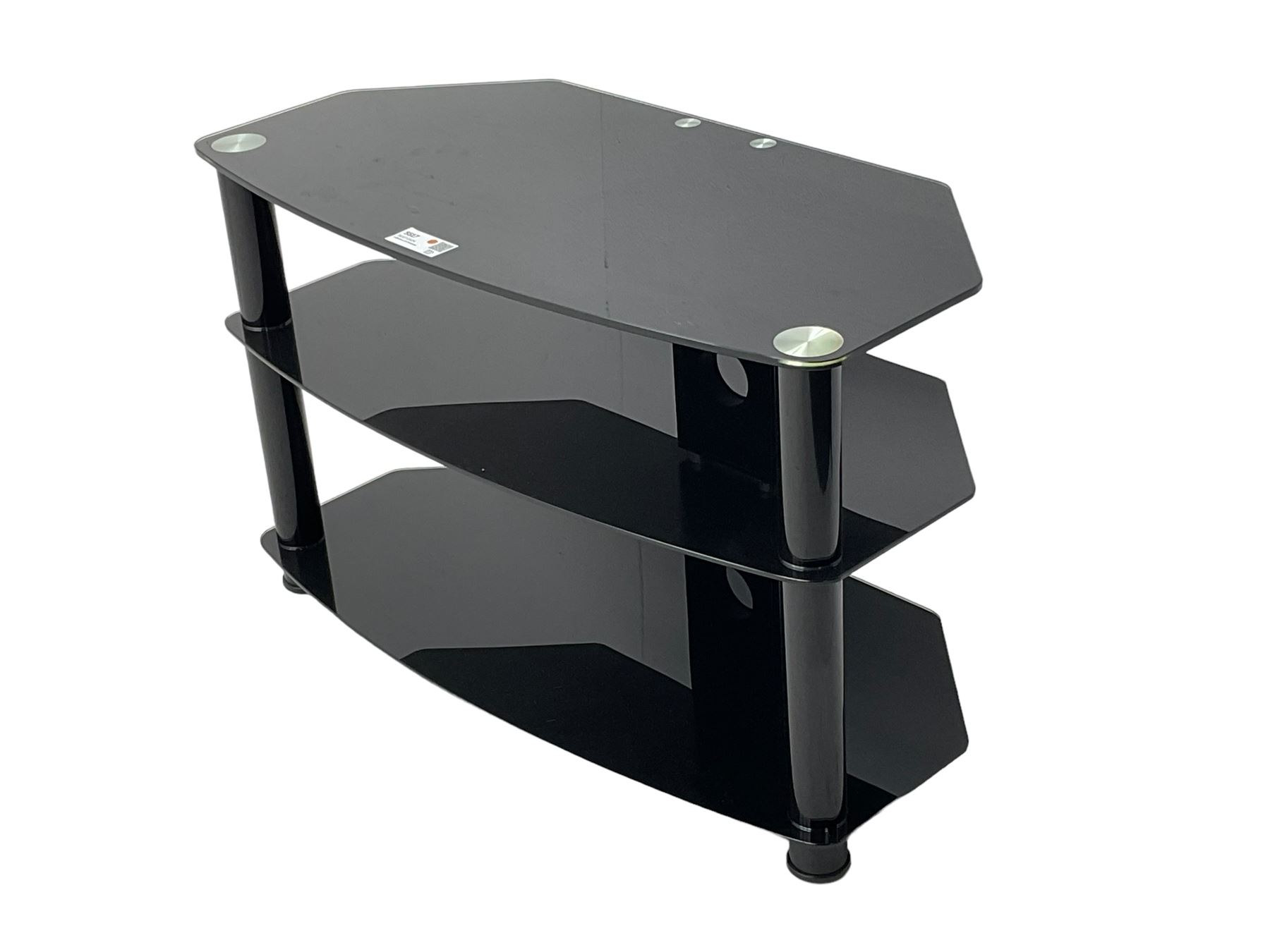 Contemporary black glass three-tier media television stand, raised by cylindrical supports with chrome accents