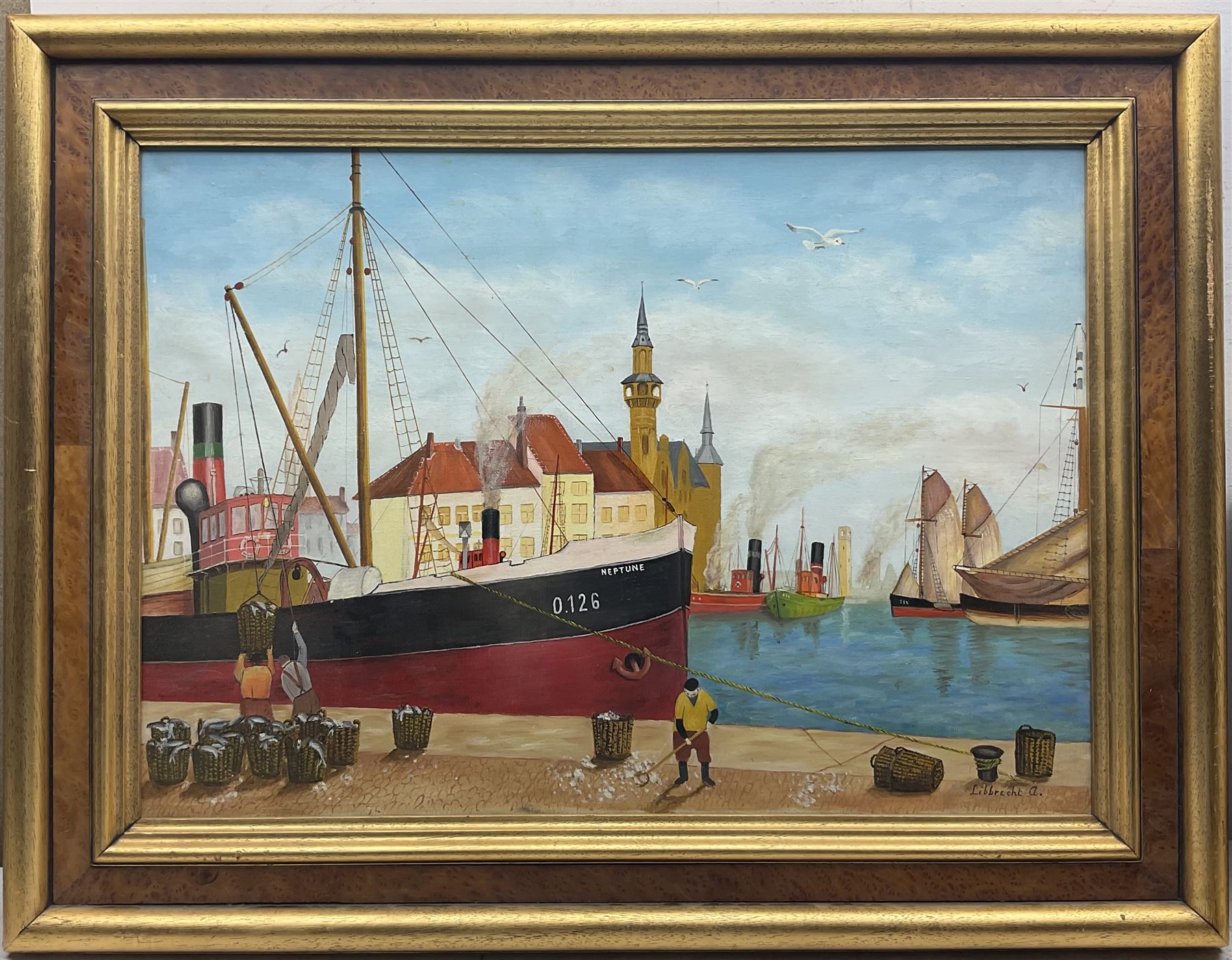 Libbrecht (Belgian Naïve School 20th century): 'Oostende', oil on canvas signed, titled and dated 1989 verso 48cm x 69cm