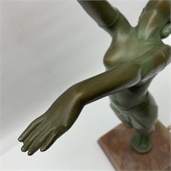 Art Deco patinated spelter table lamp, modelled as a young woman, upon a canted square alabaster plinth, H49.5cm