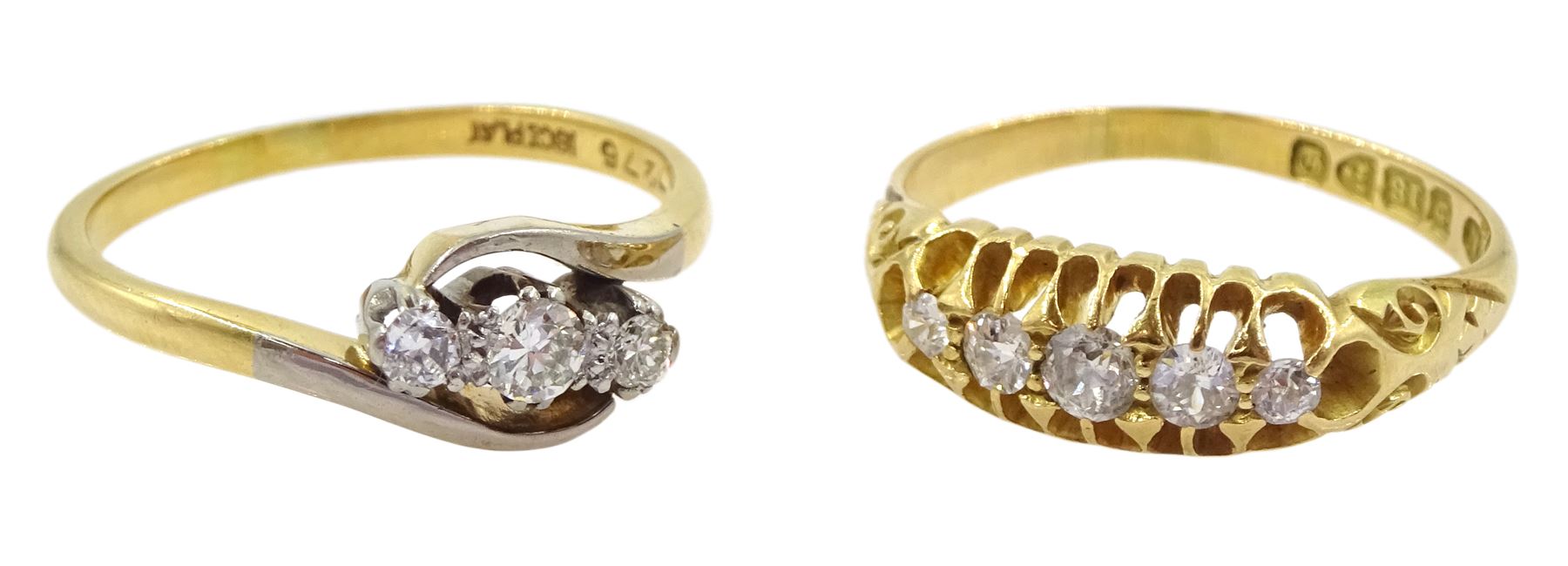 Early 20th century three stone old cut diamond ring, stamped 18ct Plat and an Edwardian five stone old cut diamond ring, Chester 1904