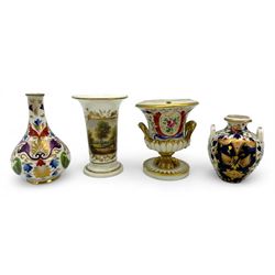 Early 19th century Derby porcelain to include a campana form inkwell, small bottle form vase, twin handled vase and flared rim vase, hand painted with a landscape scene, H10cm (4)