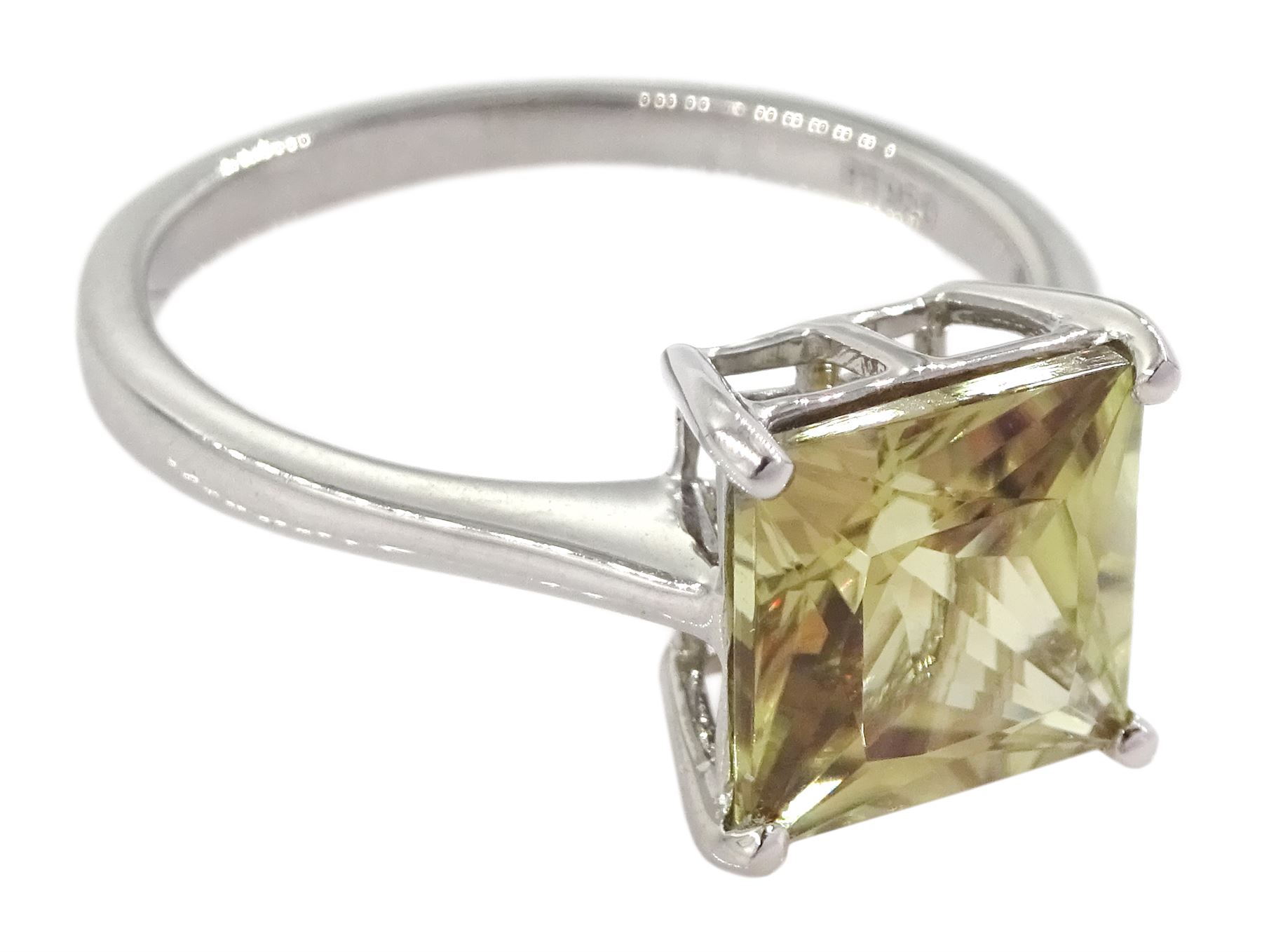 Platinum single stone princess cut csarite ring, hallmarked, csarite approx 3.95 carat