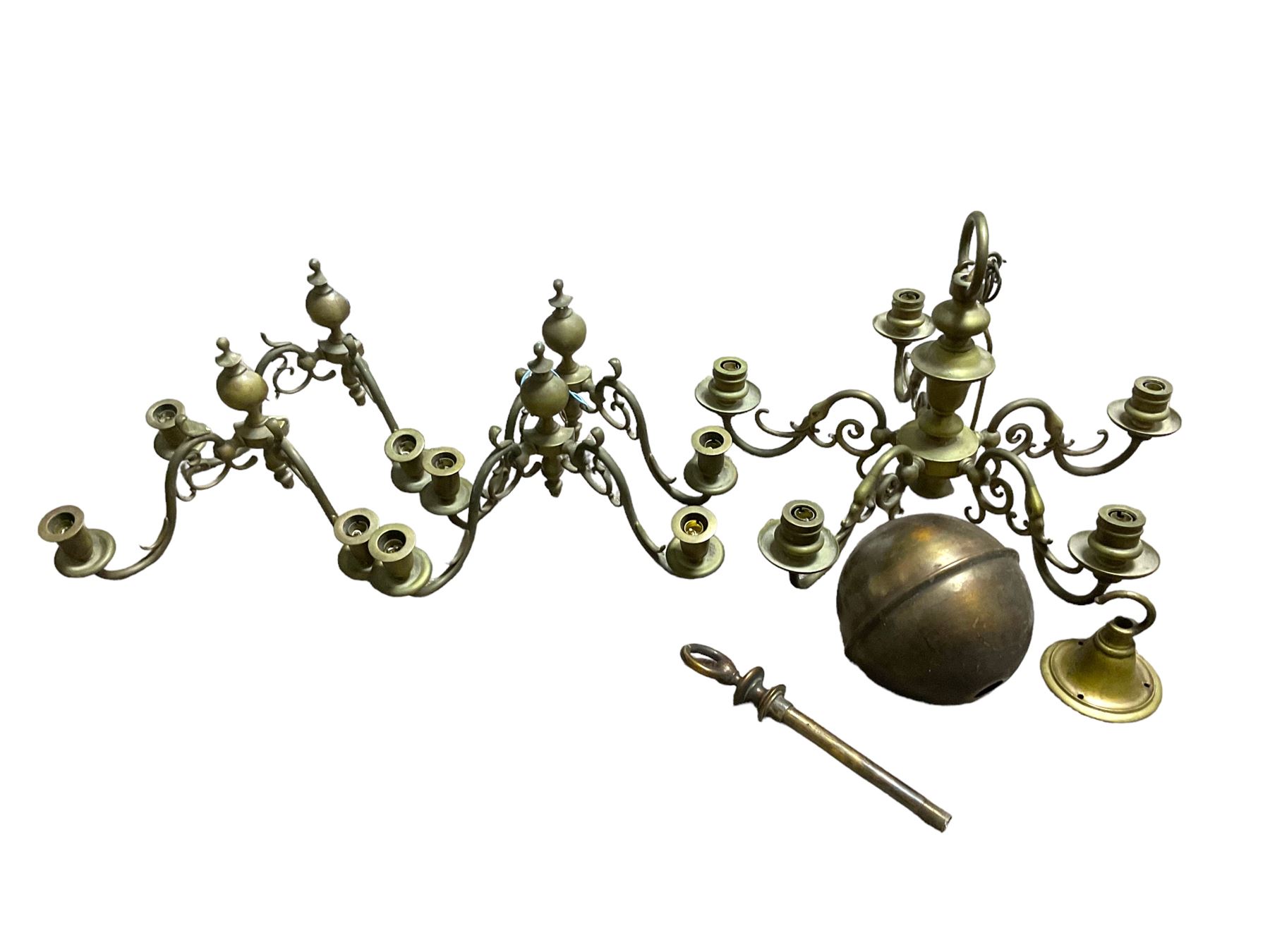 Dutch style metal chandelier, with five arms, approximately W50cm, together with a four Dutch style twin branch wall sconces, H22cm W32cm