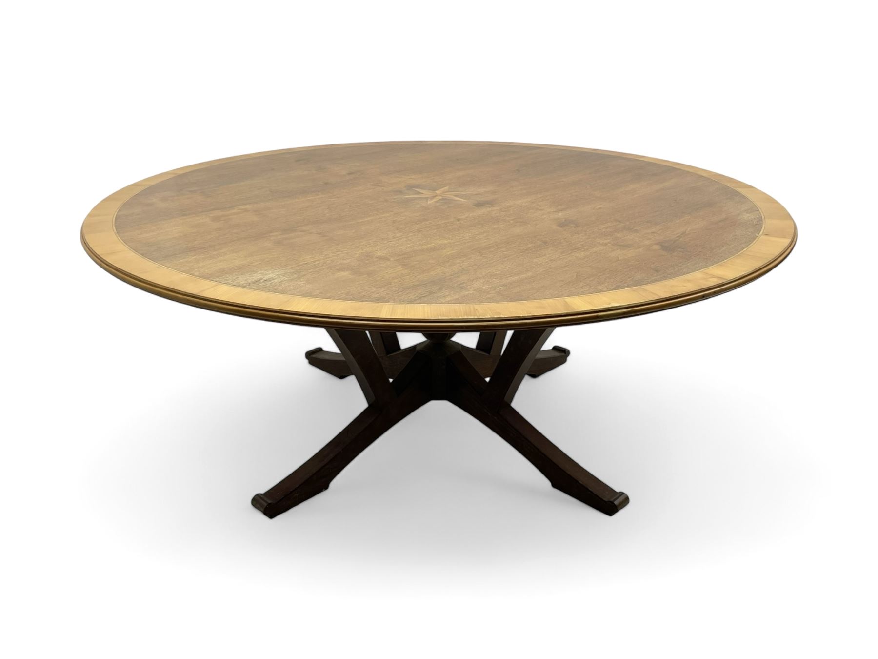 Senior & Carmichael, Betchworth - Georgian design walnut centre table, the circular moulded top with satinwood band and central star inlay, quadriform base with central orb and applied makers plaque, raised on splayed supports