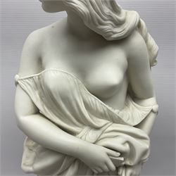 19th century Copeland Parian Ware figure, after R Monti, modelled as Lady Godiva, upon a circular titled plinth, signed and dated verso R Monti 1870, impressed to base Copyright Reserved Copeland, overall H22cm