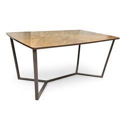 Contemporary dining table, rectangular glossy wood veneer top with chevron patterning, set...