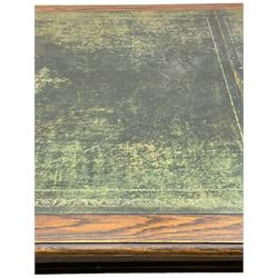 Large 10' 7'' late Victorian oak boardroom table, moulded rectangular top with inset green leather surface, on turned and reed moulded supports with brass and ceramic castors 