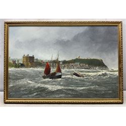 Robert Sheader (British 20th Century): Lifeboat off Scarborough, oil on board signed 50cm x 75cm 