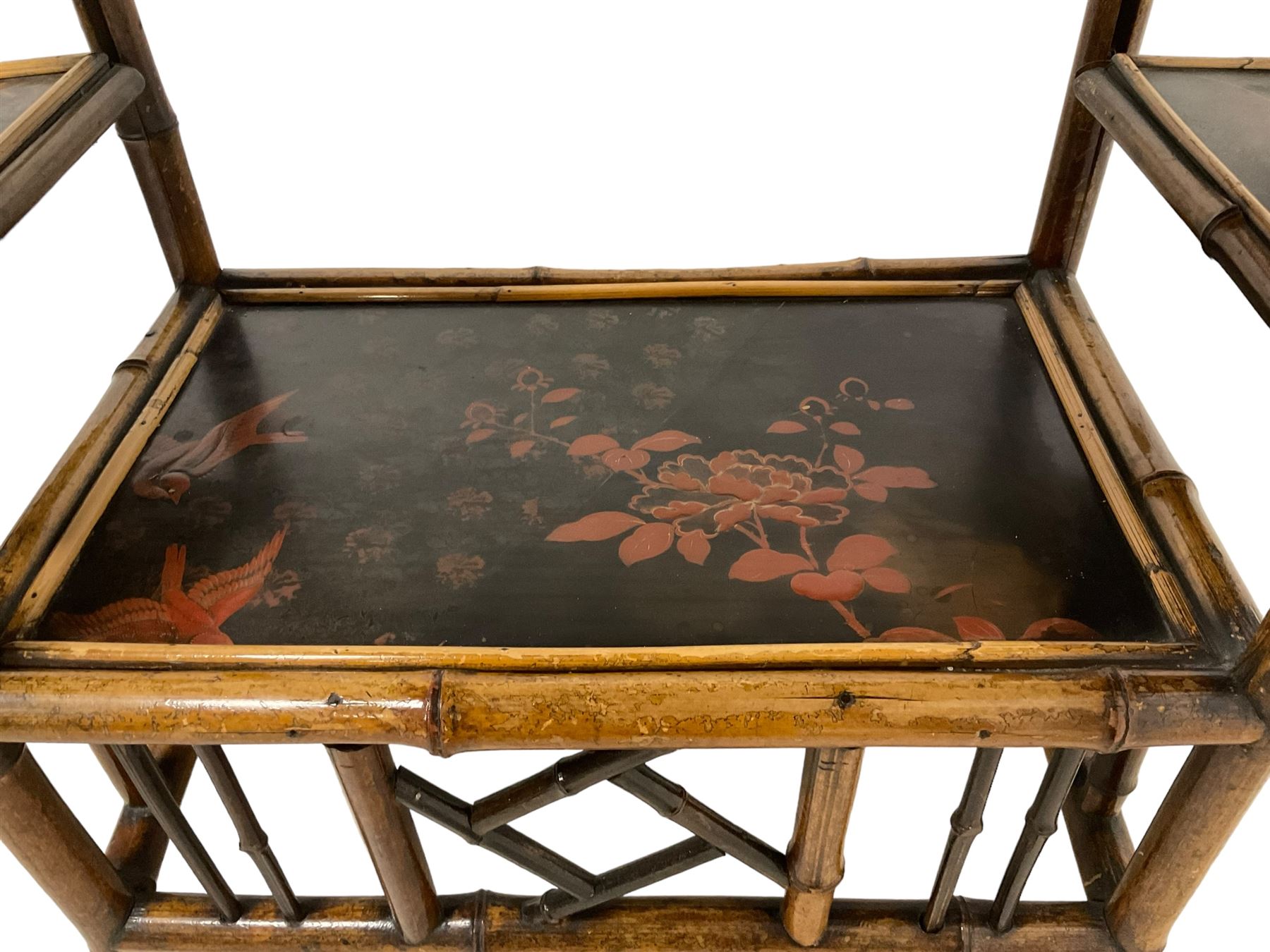 Late 19th century Aesthetic Movement lacquered and painted bamboo occasional table, rectangular top painted with Japanned traditional bird and blossom scenes, over two fold-out side leaves and undertier with pierced gallery apron