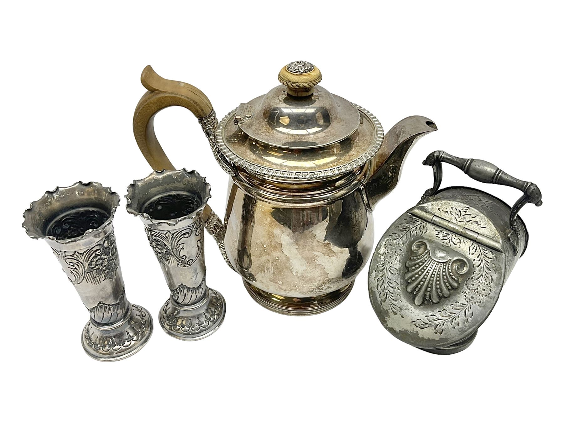 19th century silver plated coffee pot, of bellied form with fruitwood handle and finial, together with a silver plated novelty sugar bowl i the form of a coal scuttle and a pair of silver plated embossed vases, coffee pot H20cm