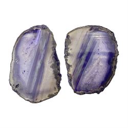 Pair of purple agate slices, polished with rough edges, H9cm, L11cm